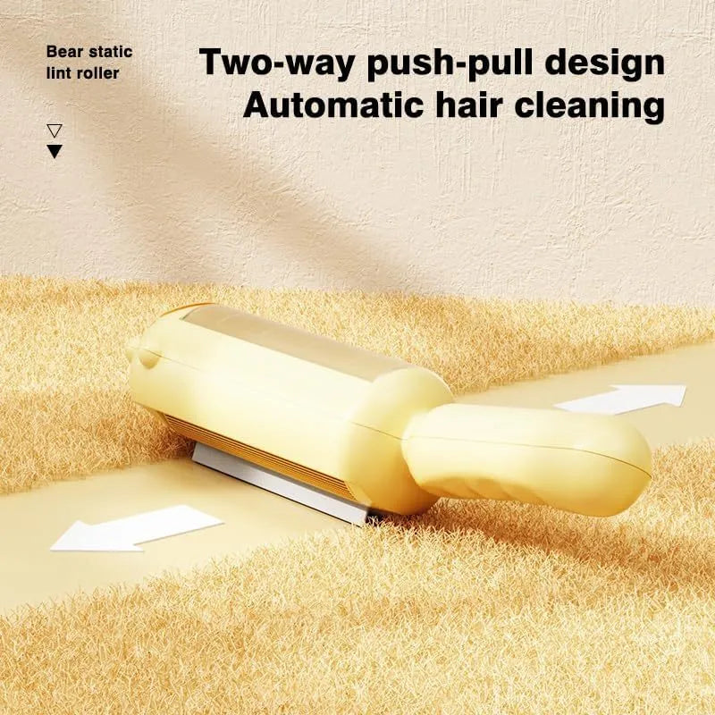 Blue pet hair remover roller with self-cleaning base for furniture and car seats.