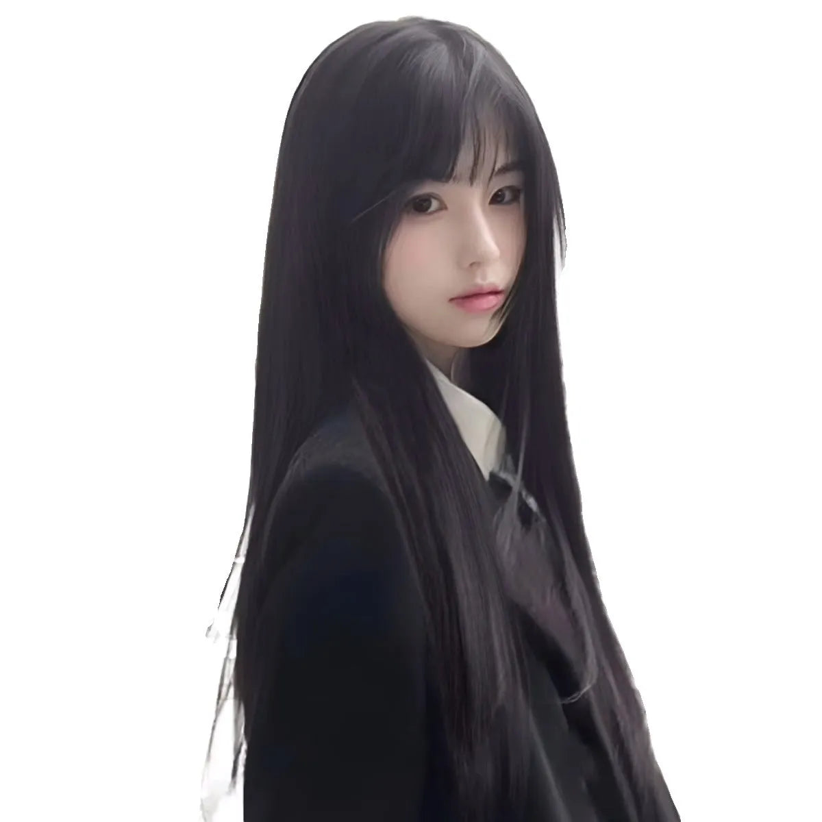 A long straight black synthetic wig with bangs, shown in brown black and cold brown colour options.