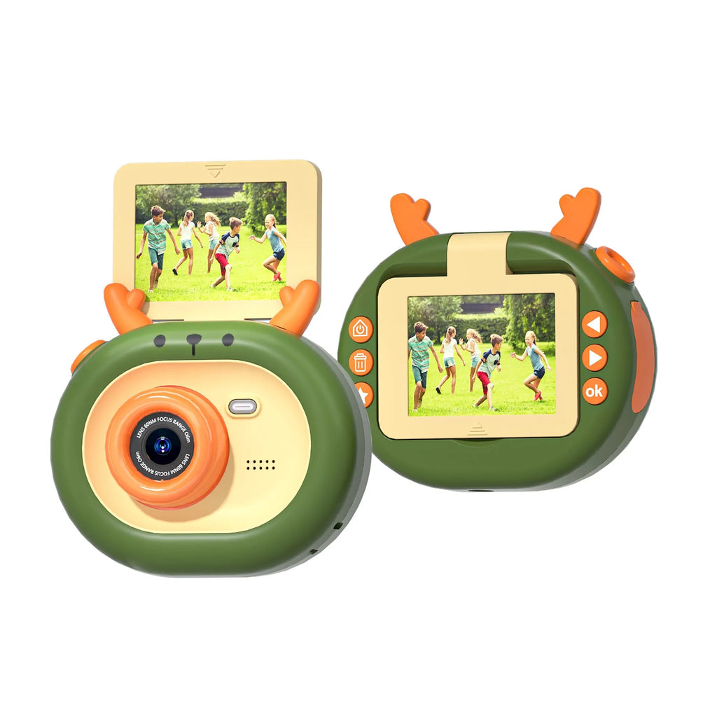 Purple and dark green children's digital camera with flip screen, silicone case lanyard, and USB cable