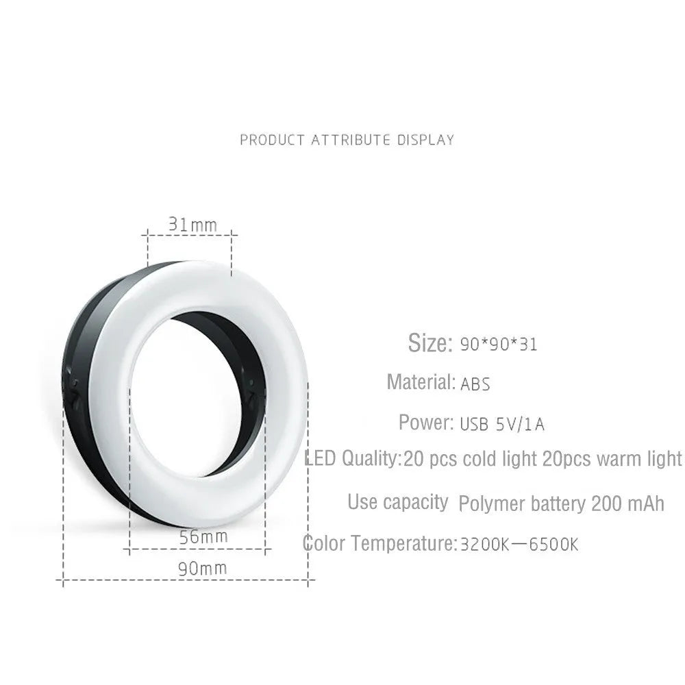 Black portable LED ring light for mobile phones with USB charging cable