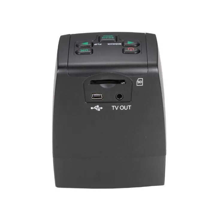High-resolution film negative and slide scanner with colour LCD screen on a desk