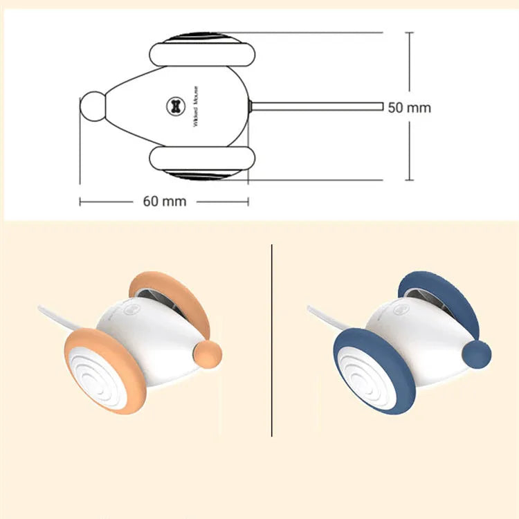 Blue and yellow automatic electric cat mouse toy with USB charging, 60x50x36mm body and 135mAh battery