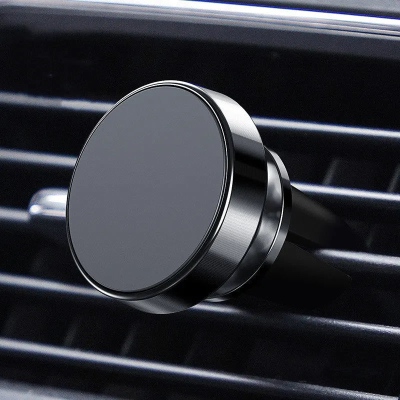 Aluminium alloy magnetic car phone holder in Black, Gold, and Silver colours showing paste and snap mounting styles.