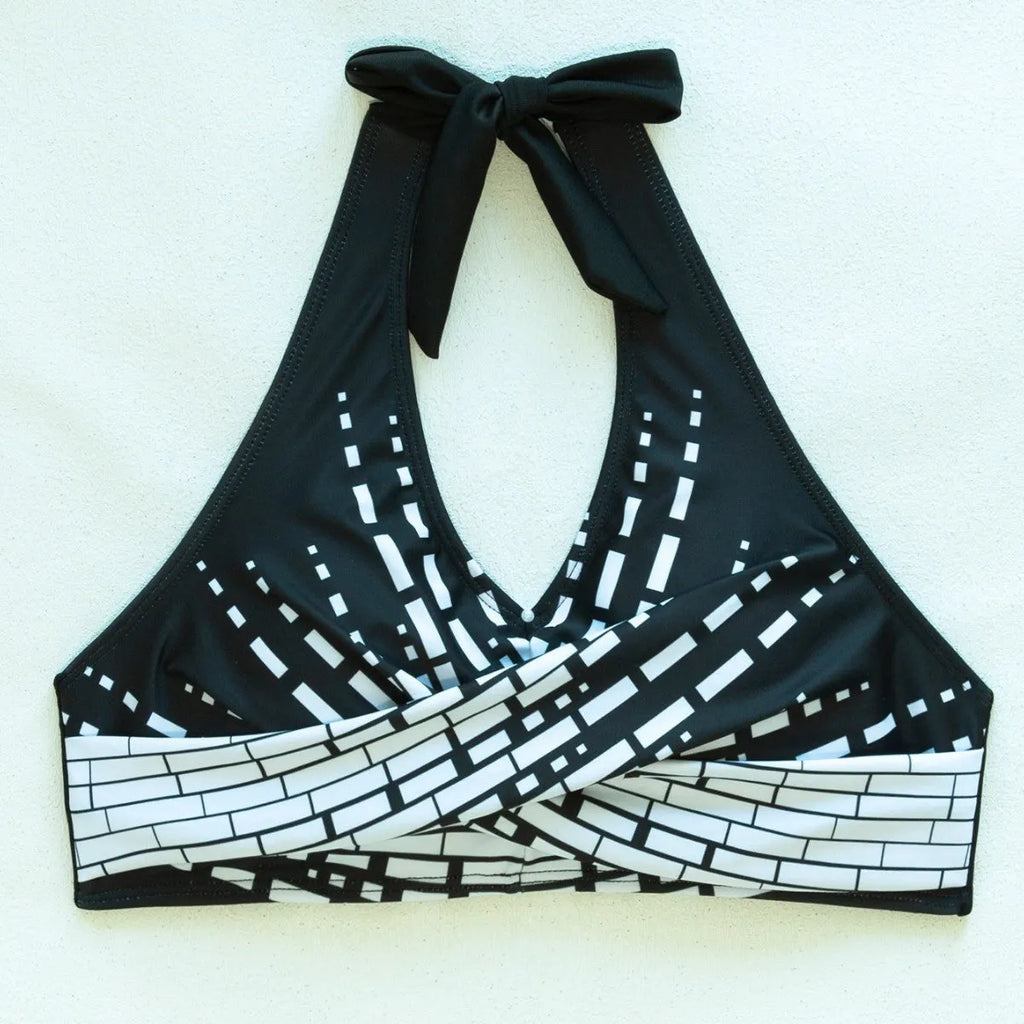Women's two-piece bikini swimsuit with halter neck, high chest and contrast colour layered top, sizes S-XXL