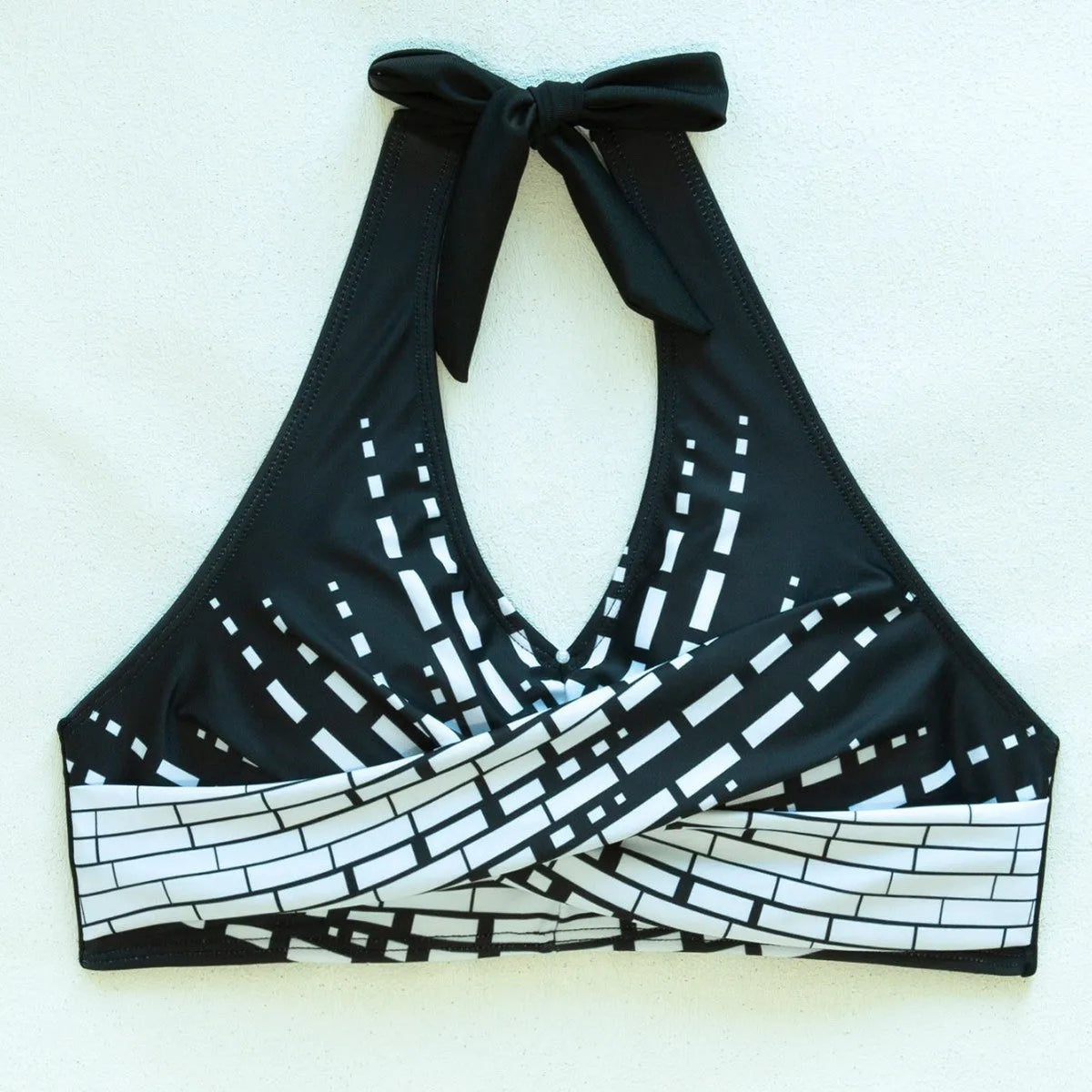Women's two-piece bikini swimsuit with halter neck, high chest and contrast colour layered top, sizes S-XXL