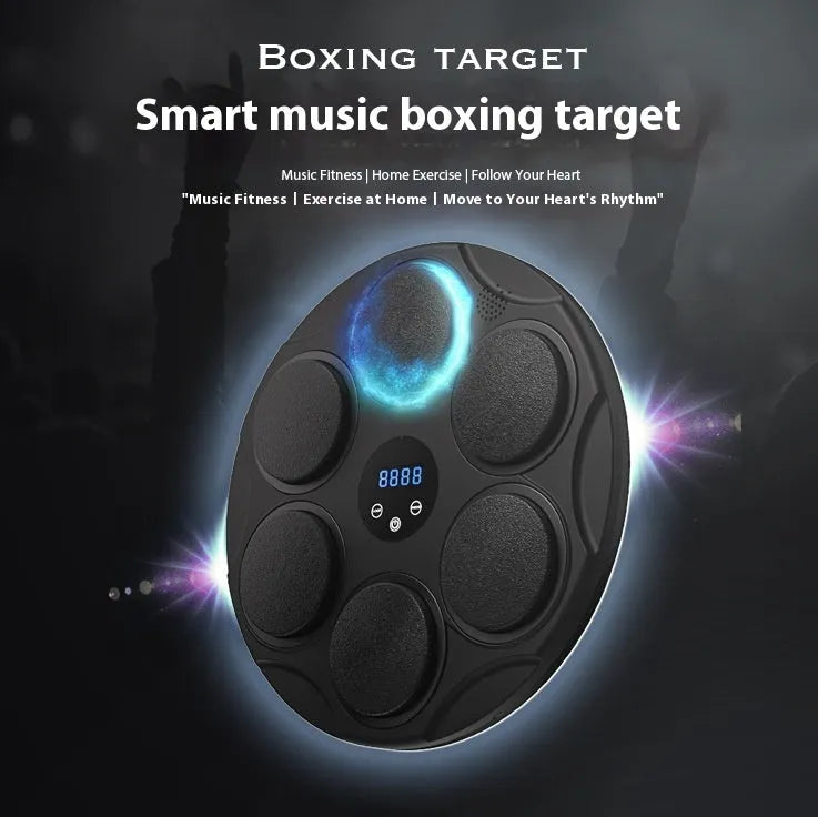 Black smart Bluetooth boxing target with coloured lights mounted on wall for fitness training