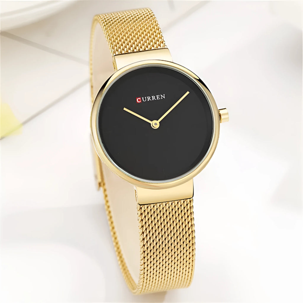 Women's quartz watch with stainless steel mesh belt and 7.8mm thin case, available in silver, gold or rose gold tone