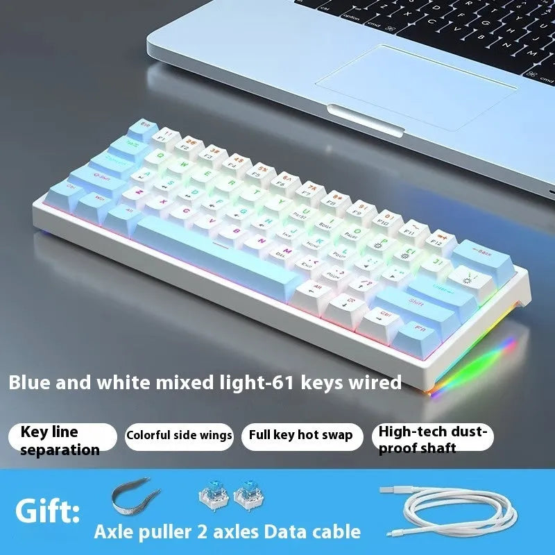 Bluish black 61-key compact mechanical keyboard with hot-swappable sockets and coloured keycaps.