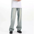 Blue loose-fit rabbit fur retro jeans with an elastic waistband on a neutral background.