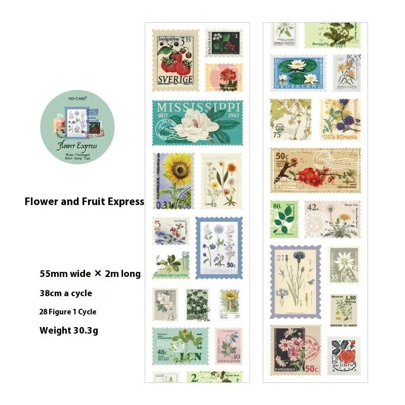 Roll of 55mm wide retro decorative paper stickers with nature themes, showing 2 metre length.