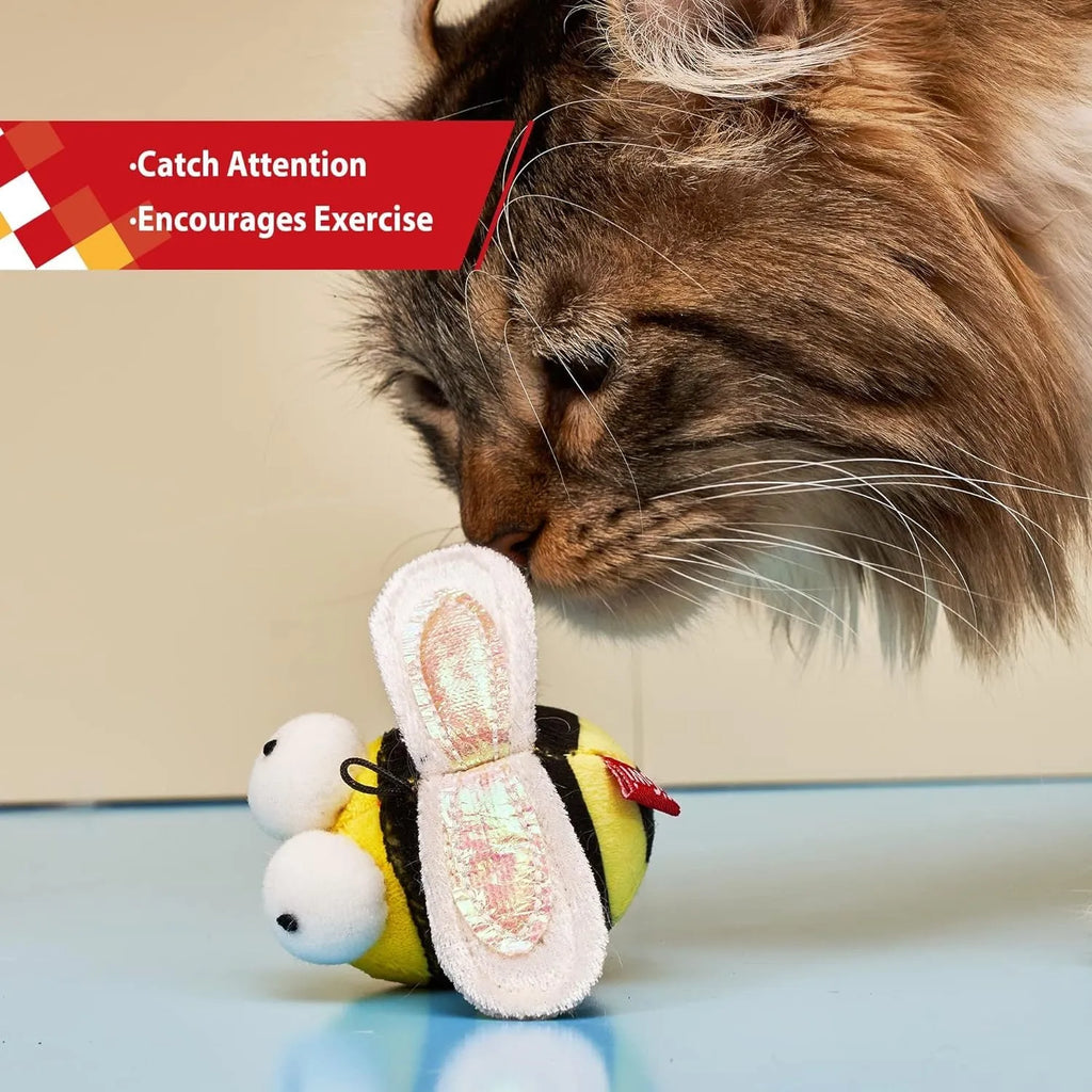 Yellow bee-shaped electronic cat toy with motion-activated squeaker for interactive play