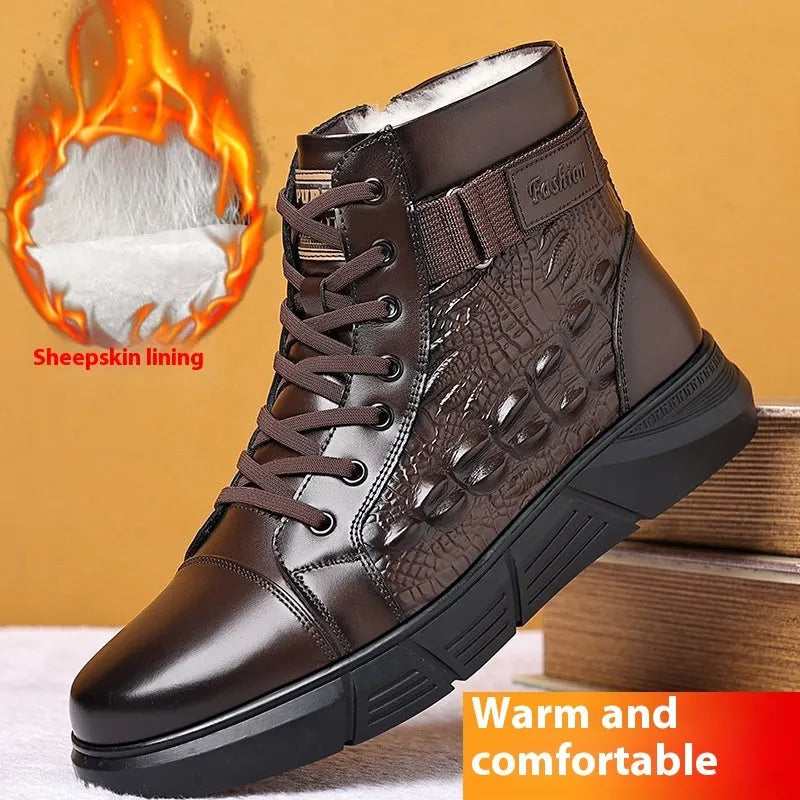 Women's black genuine leather snow boots with fur lining and velvet trim, front lace-up design
