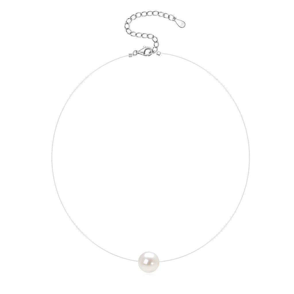 Freshwater pearl clavicle necklace with 925 sterling silver base and round geometric invisible pendant.