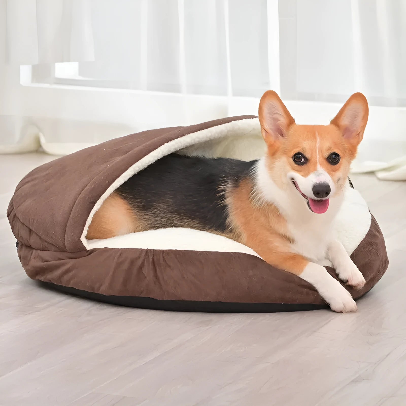 Brown removable cloth dog kennel bed shown next to a grey one, both soft-sided indoor crates for dogs.