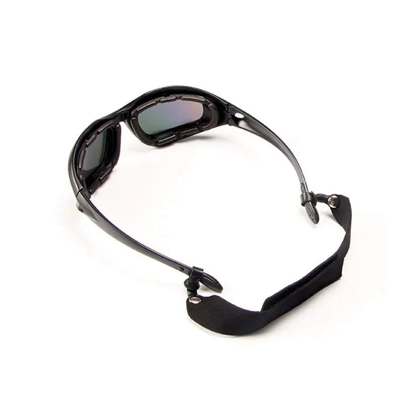 Sports sunglasses with polarized tactical lenses and a black PC full-rim frame on a grey background.