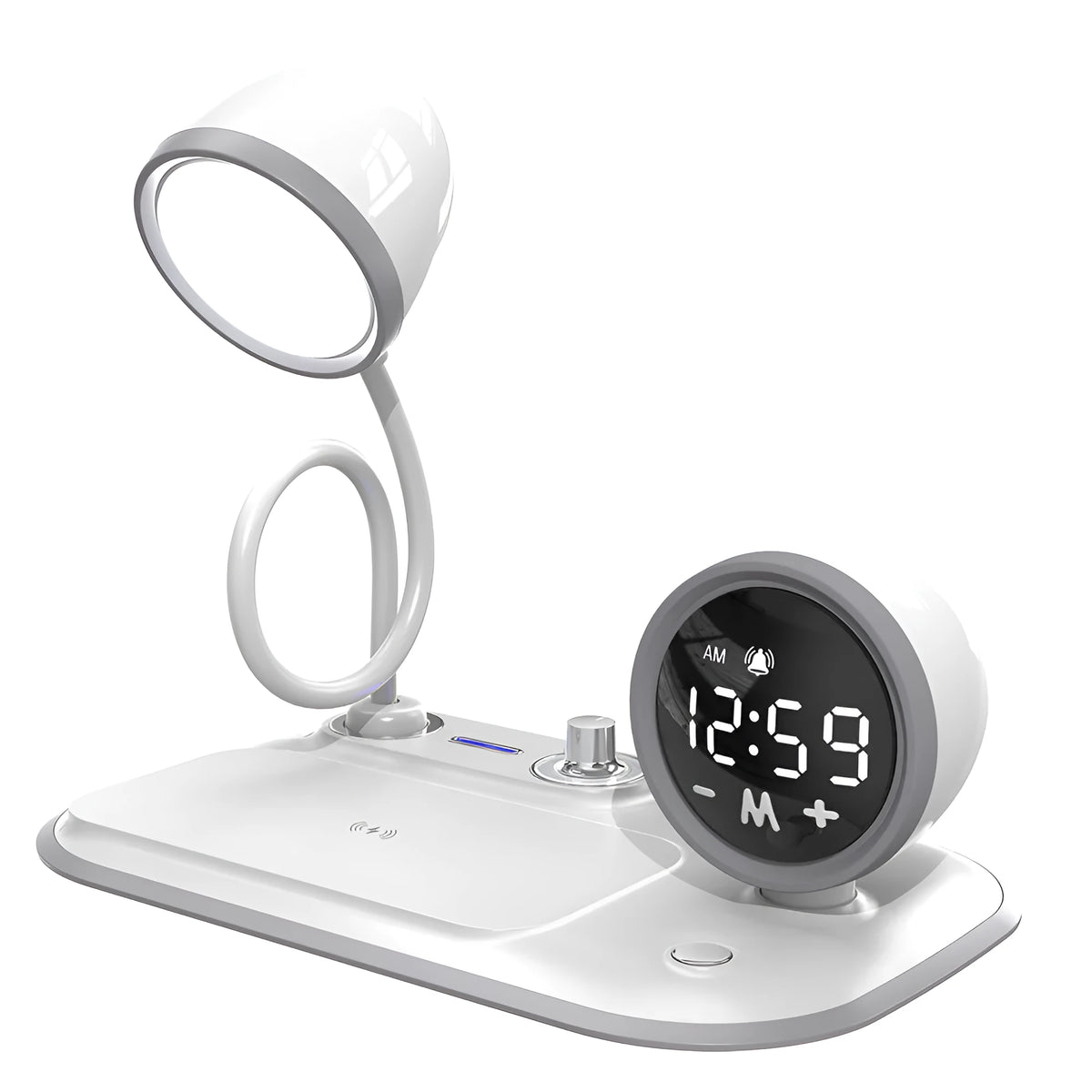 White three-in-one desk lamp with integrated digital clock and wireless charging pad on black desktop