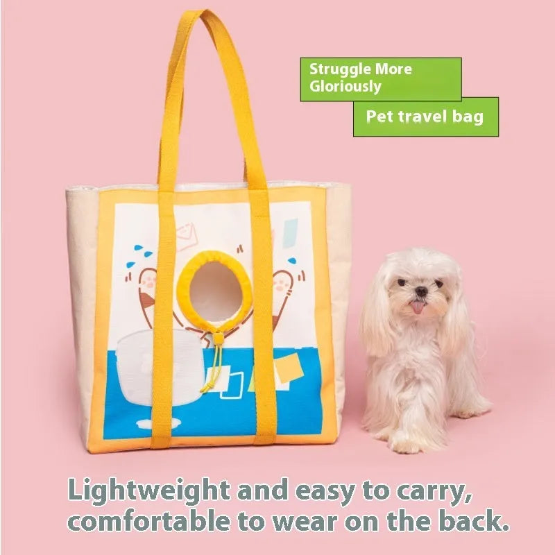 Canvas pet travel bag with animal pattern, medium hard build, breathable outlet, and accompanying bag