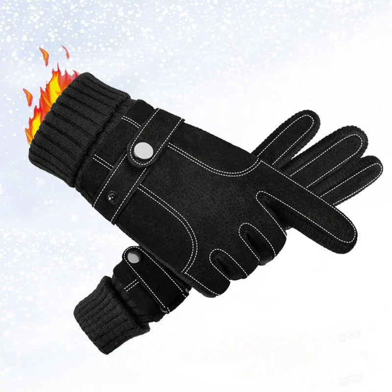 Men's warm genuine pigskin leather touch screen gloves in brown with fleece lining