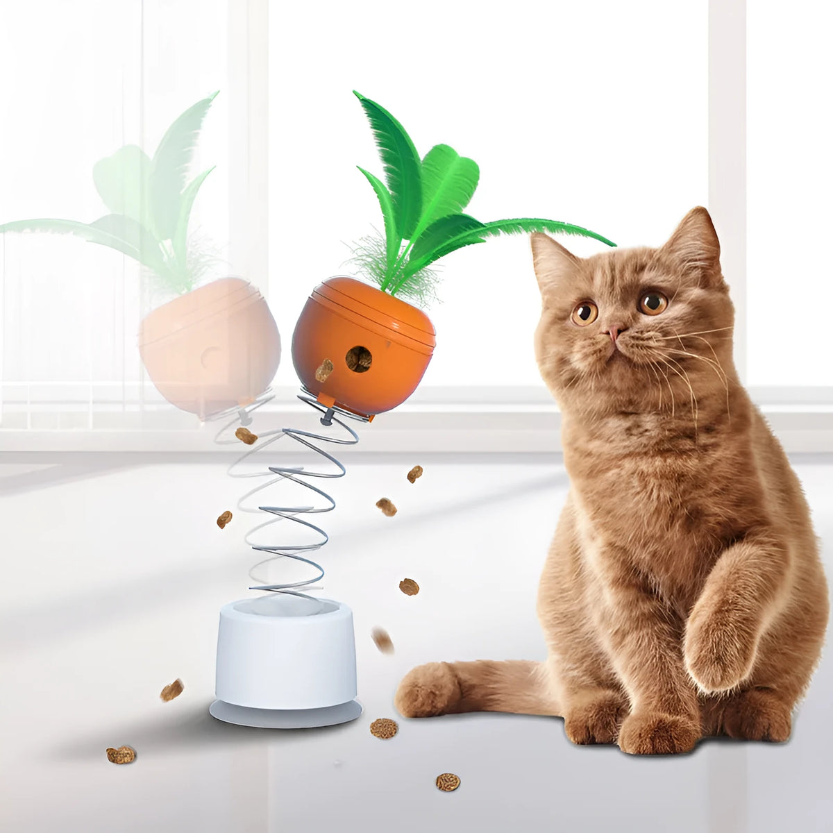 Carrot-shaped ABS cat tumbler toy measuring 6.3 x 6.3 x 9cm for interactive treat dispensing