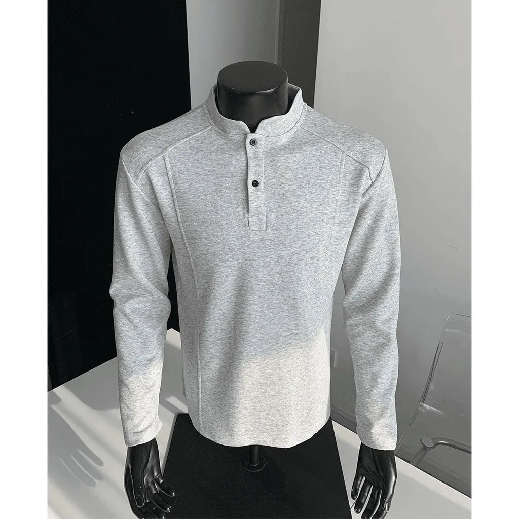 Men's long sleeve patchwork sweater with stand-up collar in heather gray Chinese cotton fabric
