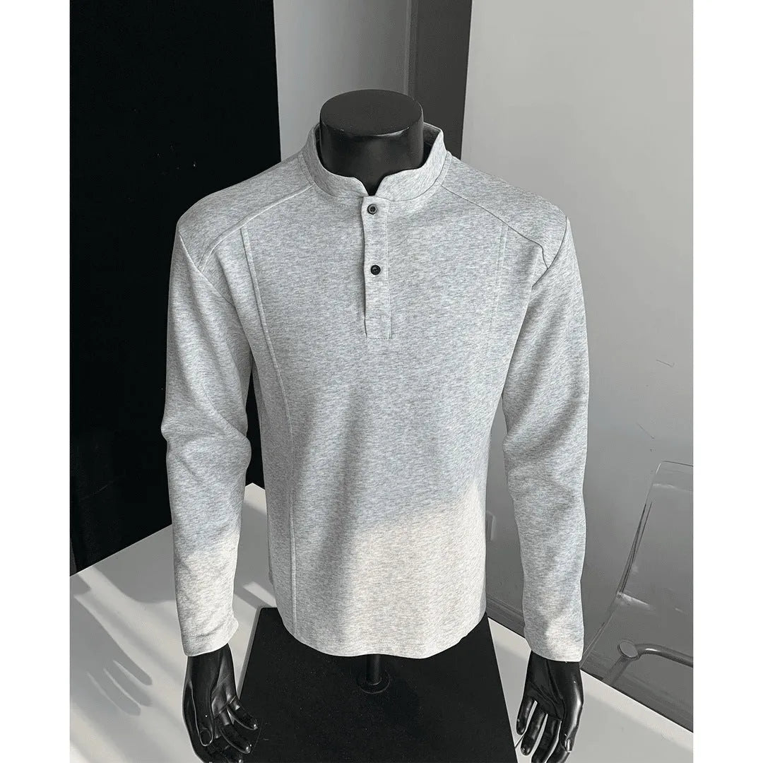 Men's long sleeve patchwork sweater with stand-up collar in heather gray Chinese cotton fabric