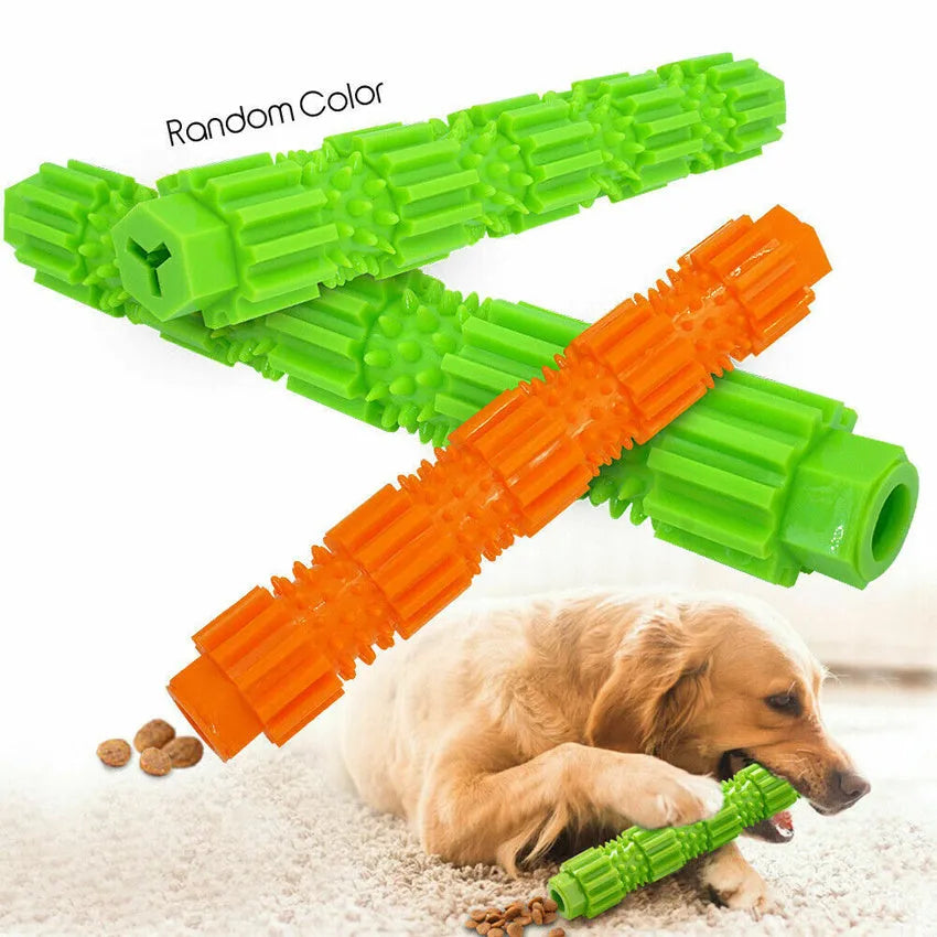 Green durable rubber dog chew toy with textured ridges and a hollow treat-dispensing centre.