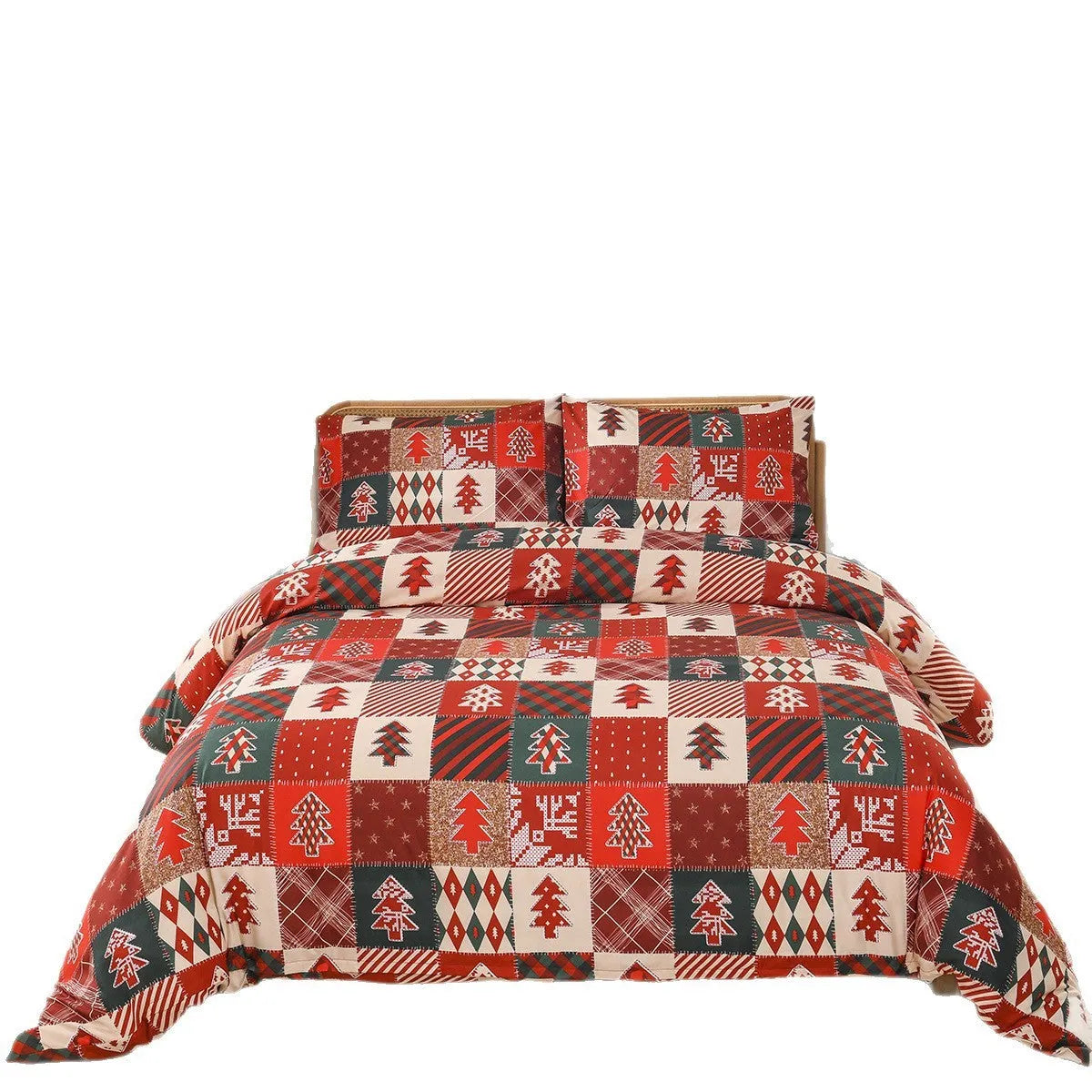 Christmas red plaid pattern bedding three-piece set showing quilt cover and pillowcases with sanded weave texture
