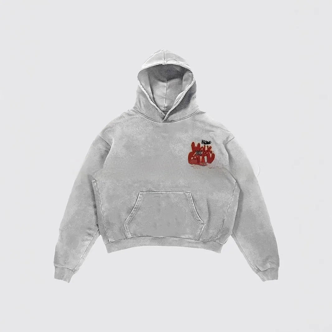 Women's granny grey hoodie with vintage character print, hood, and front pocket.