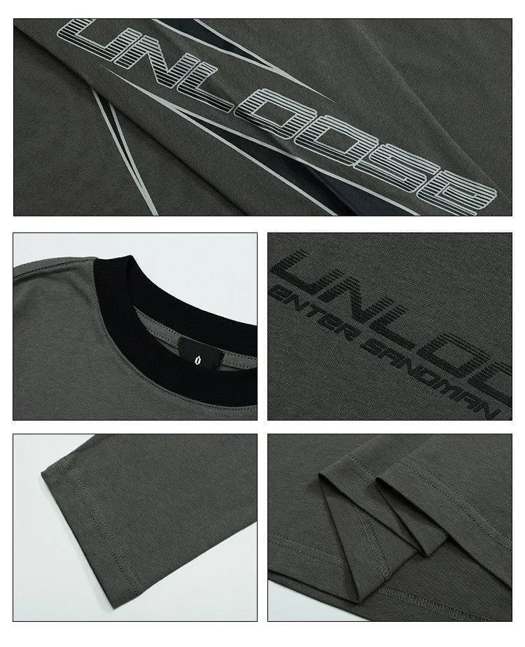 Men's grey khaki cotton drop shoulder long sleeve pullover with round neck and letter pattern