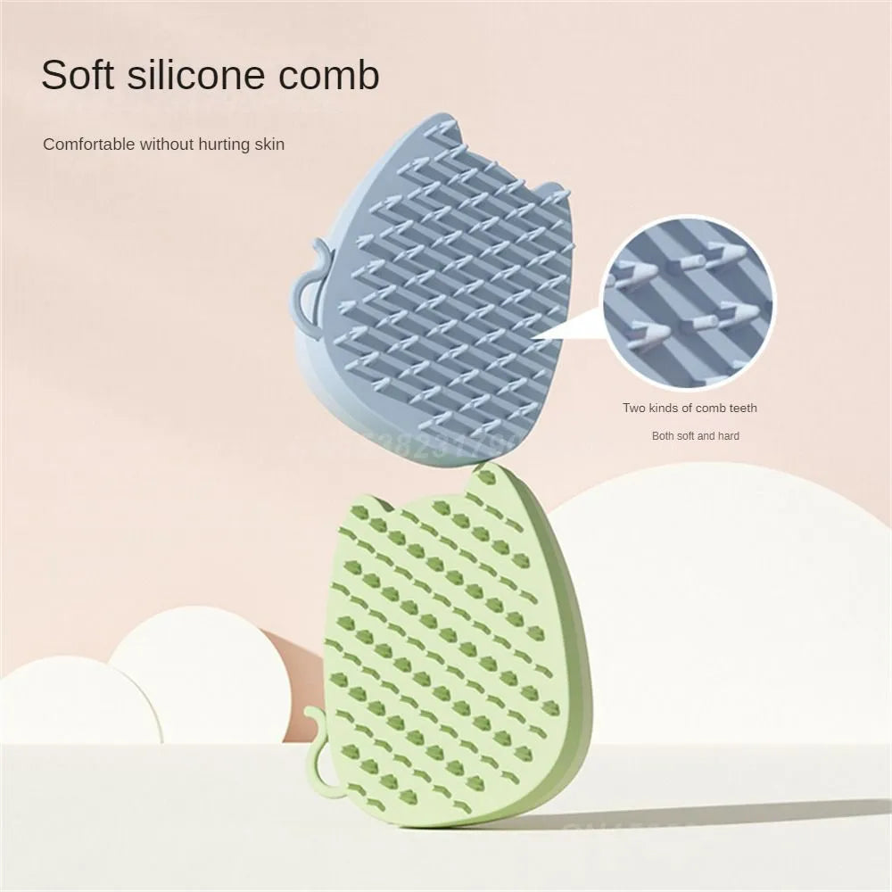 Blue silicone pet grooming comb with dual bristle types on a white background, shown next to a tape measure indicating 11.5 cm length.
