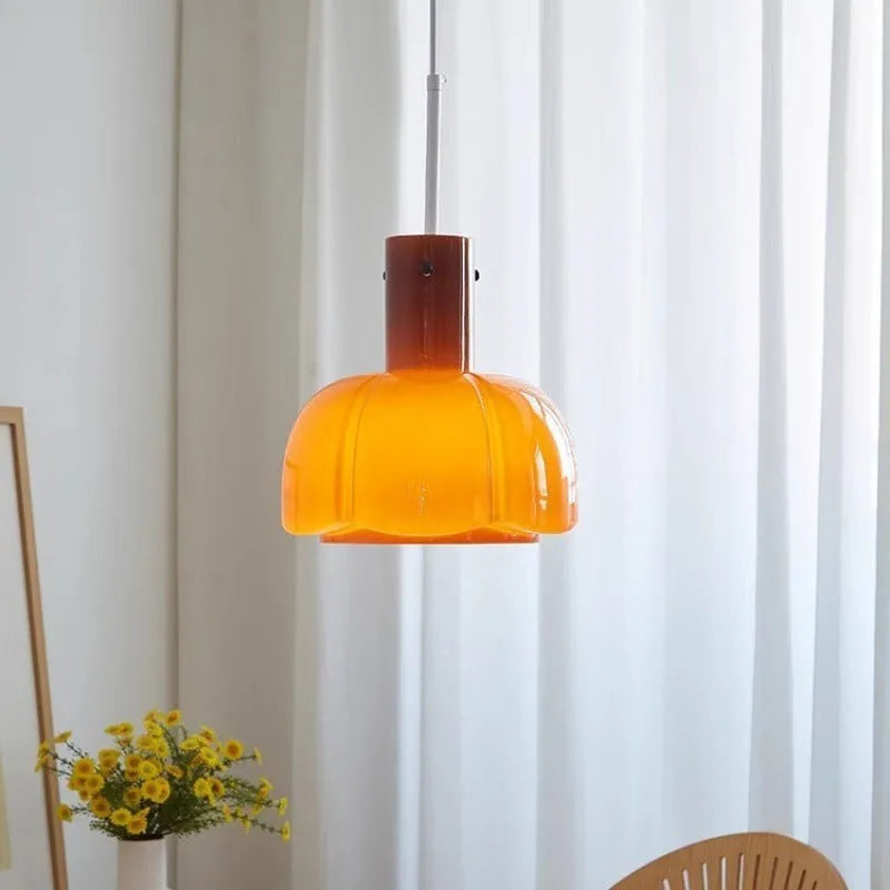 Medieval brass chandelier with six glass bud pendants in retro dining room lighting