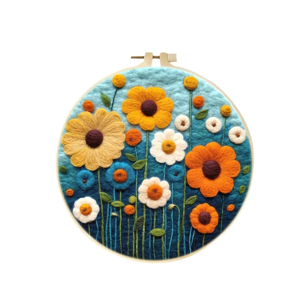 Round linen embroidery kit with wool felt pieces and embroidery frame for 3D blanket painting