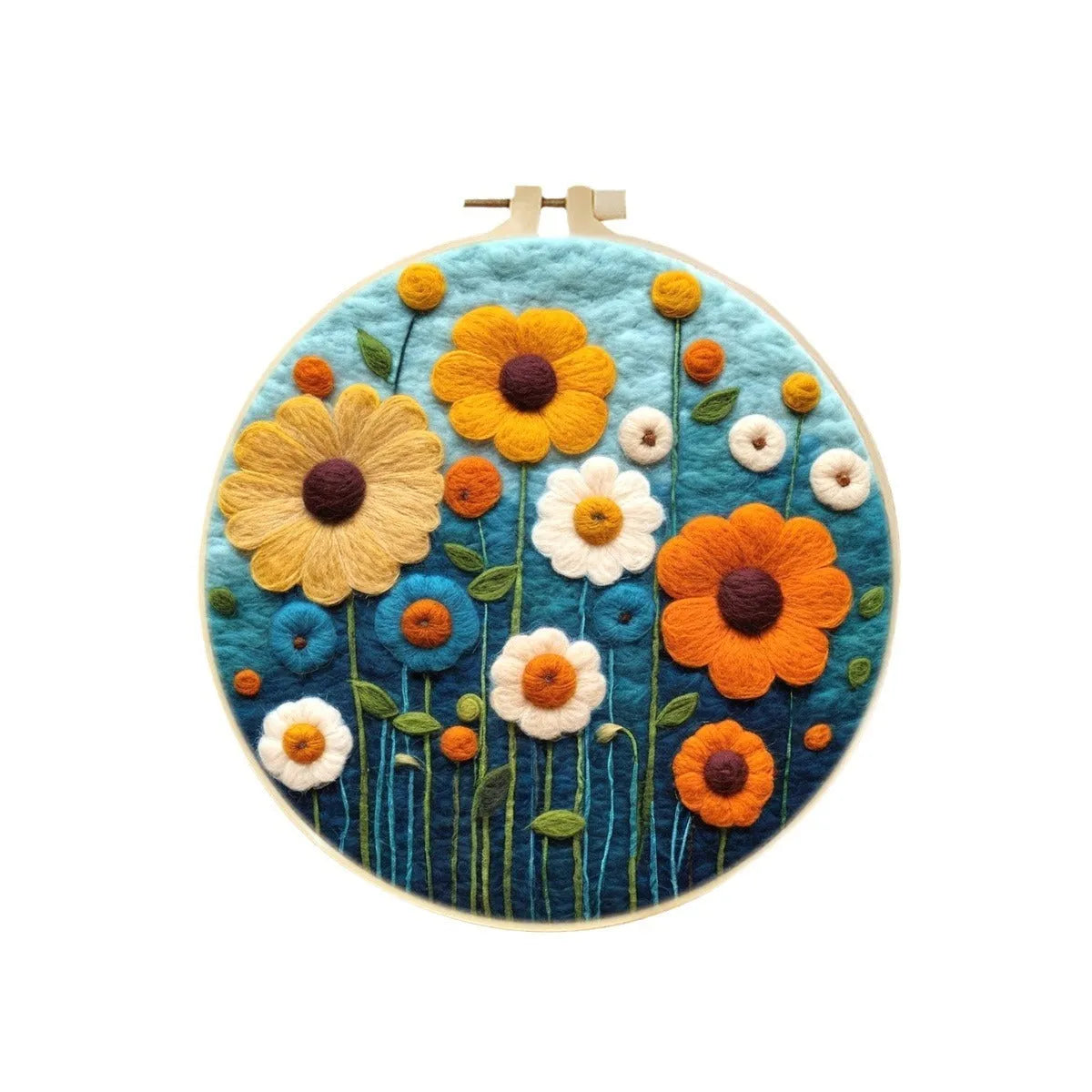Round linen embroidery kit with wool felt pieces and embroidery frame for 3D blanket painting
