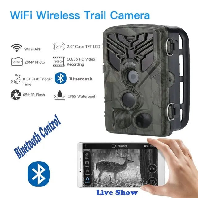 WiFi trail camera 20MP 1080P with night vision, 0.3s trigger, and IP65 waterproof housing