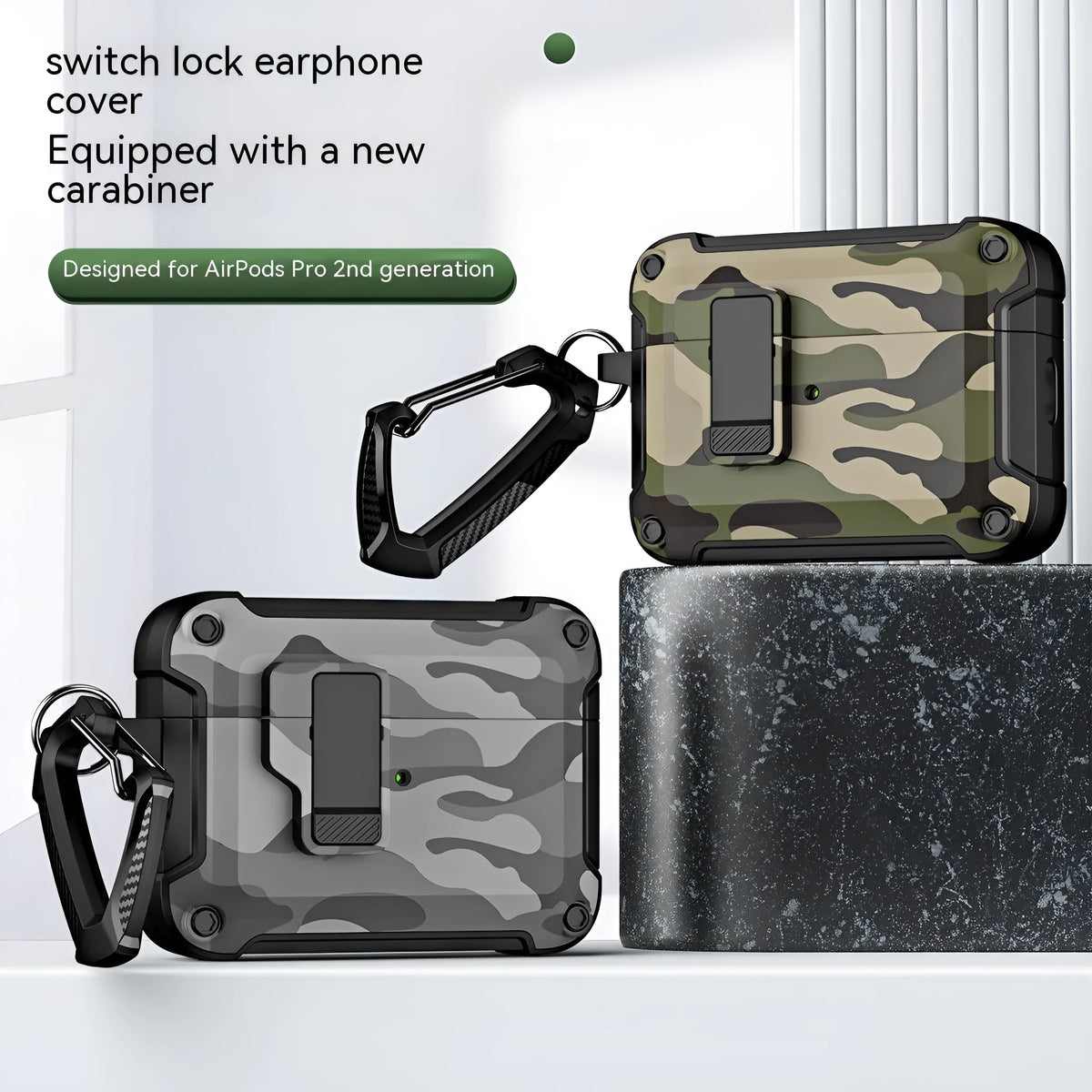Camouflage multifunction AirPods protective cover in PC and TPU with magnetic attraction, shown in camouflage and carbon fibre patterns.