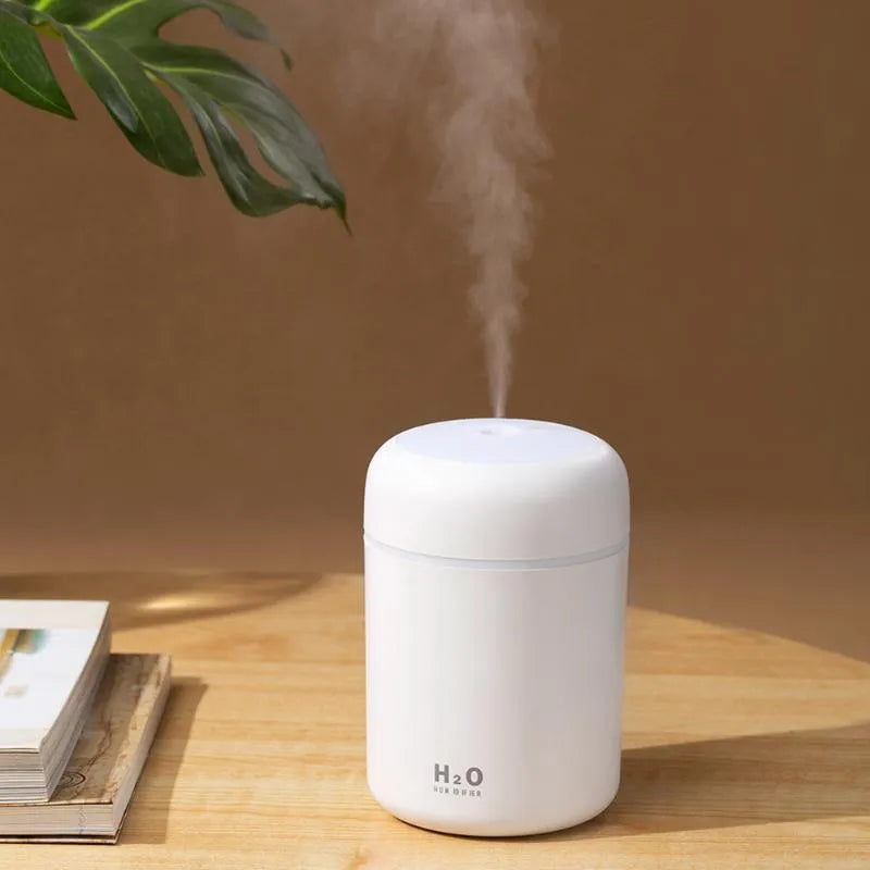 Pink, white, or navy blue USB desktop humidifier with colourful LED lights and water tank.