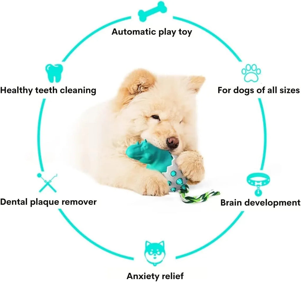Blue durable dog chew toy with dinosaur design and attached rope for aggressive chewers.