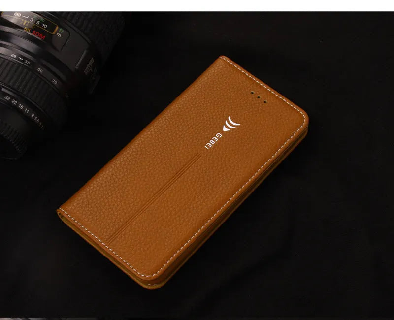 Black PU leather wallet phone case for iPhone showing card slots and kickstand deployed
