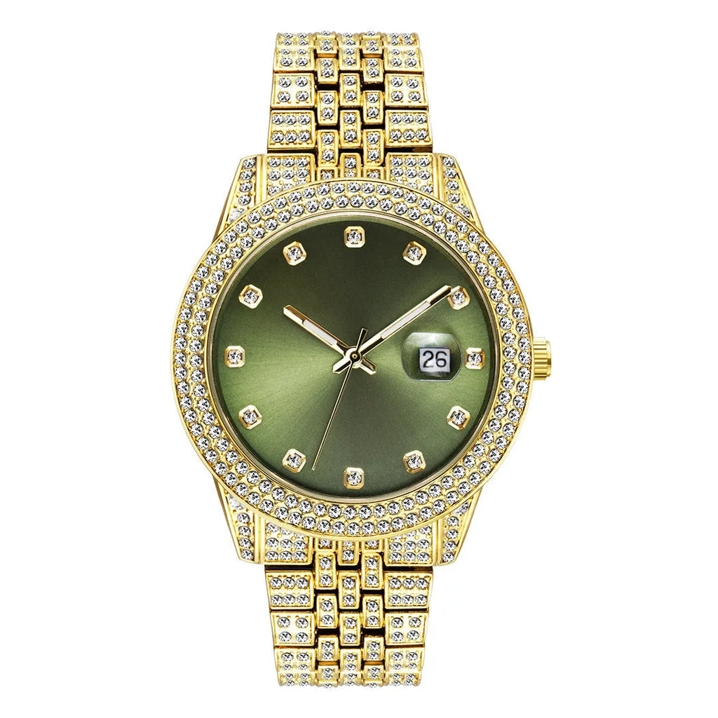 Men's quartz watch with calendar function, alloy case, 10mm thickness, multiple colour options including gold and green