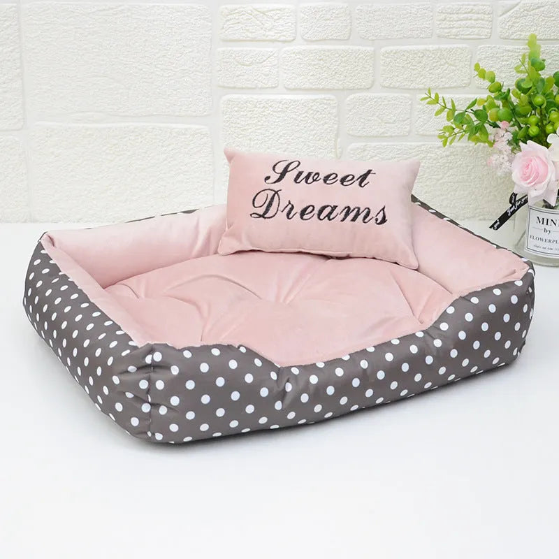 Polka dot printed dog bed with matching square pillow in grey colour