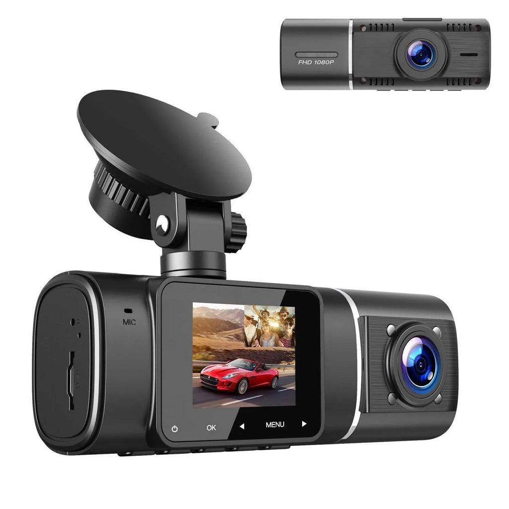 Standard black dual-channel dash camera with 1.5-inch screen on car windscreen.