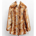 Women's slim faux fur leather jacket in a black and orange tiger pattern, showing long sleeves and medium length.