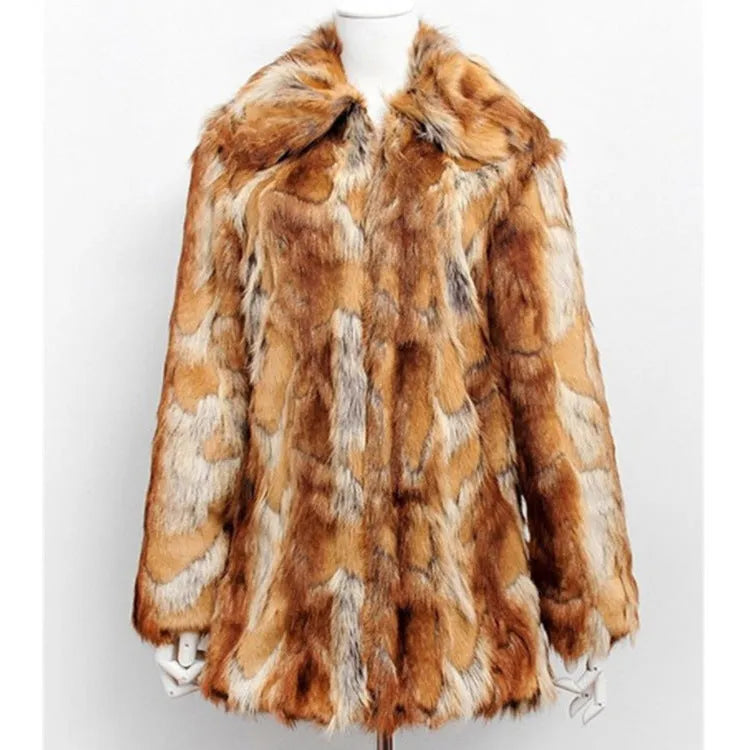 Women's slim faux fur leather jacket in a black and orange tiger pattern, showing long sleeves and medium length.