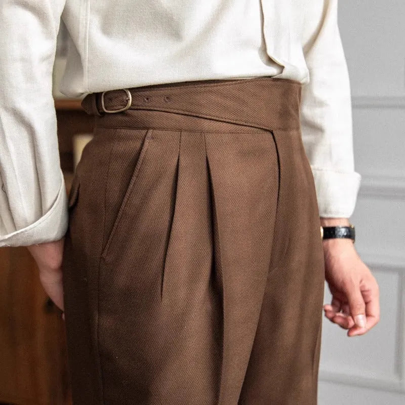 Men's high waist straight casual trousers in black polyester fabric.