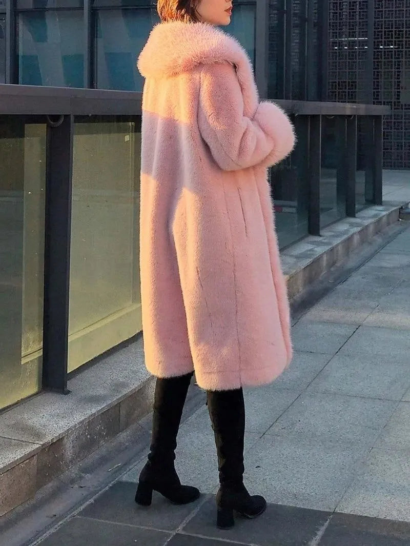 Women's grey thick faux rabbit fur mid-length leather coat with fur collar