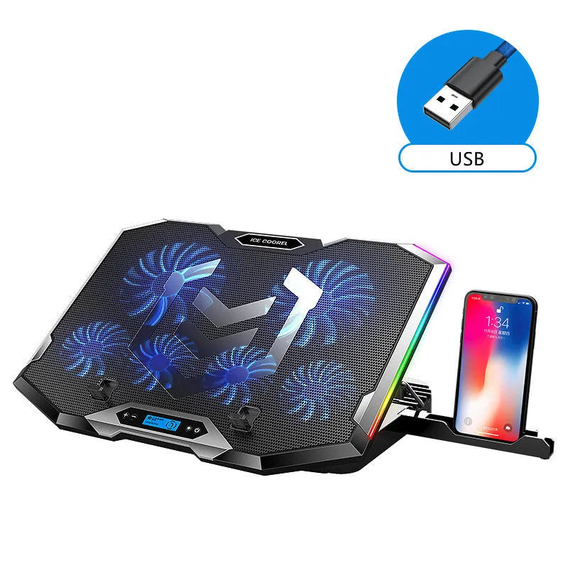 Blue notebook computer fan radiator cooling pad with dual fans on a wooden desk