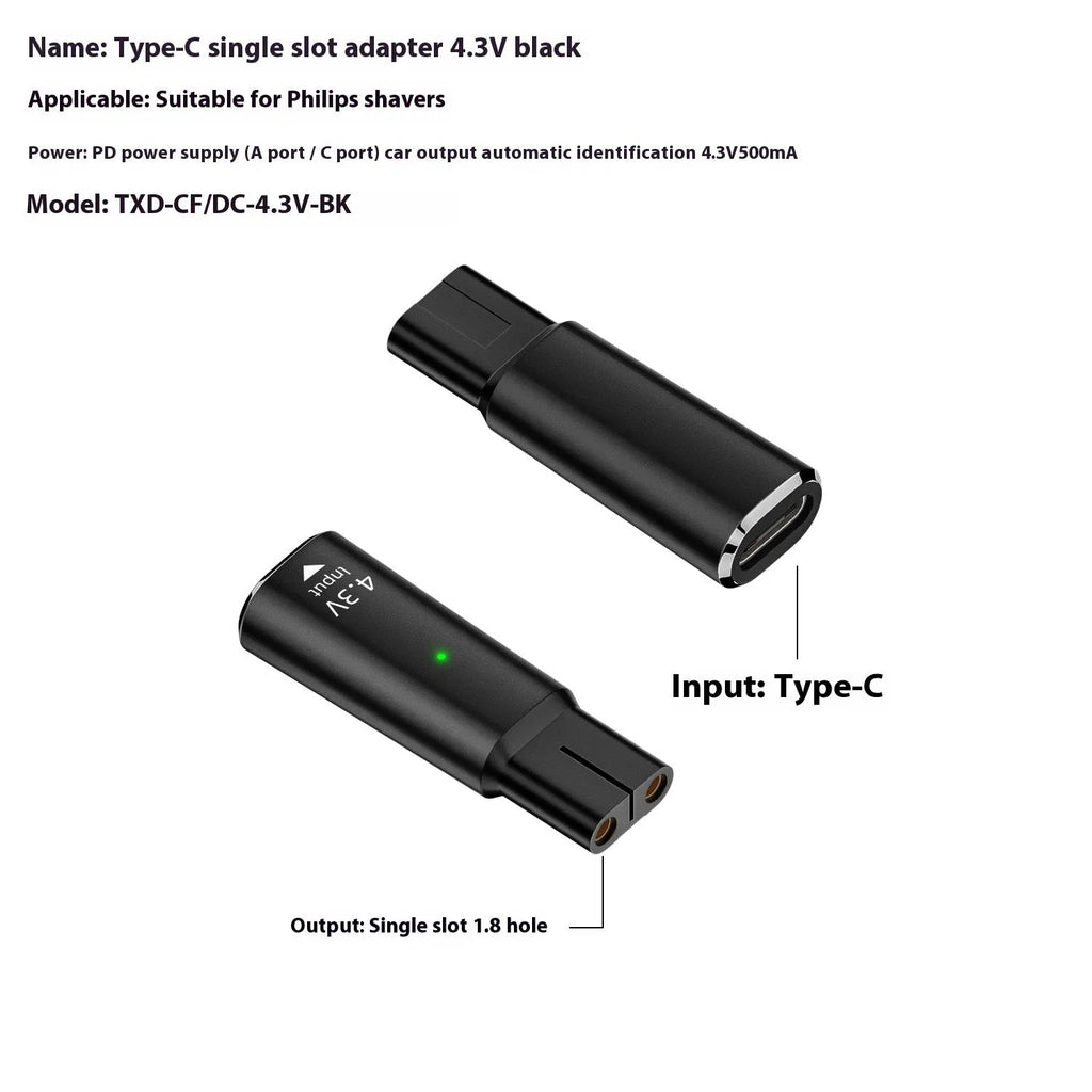 Black USB C charging adapter for electric shavers and hair clippers with 4.3V 8W output.