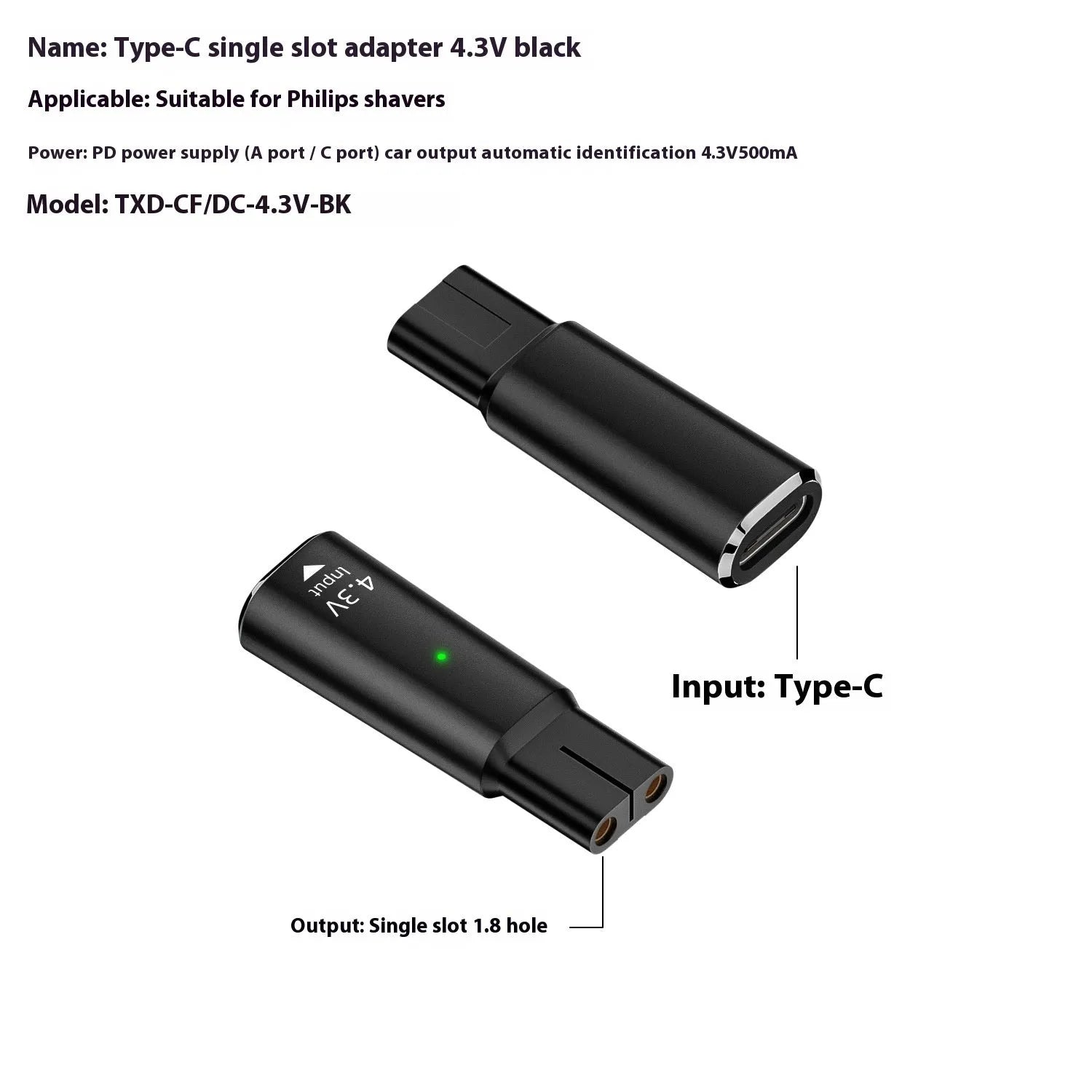 Black USB C charging adapter for electric shavers and hair clippers with 4.3V 8W output.