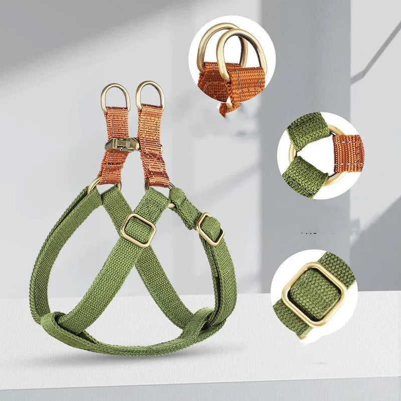 Brown vest-style dog leash on small dog showing chest strap and alloy fastener