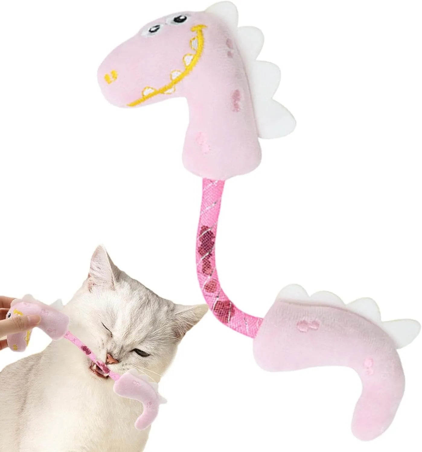 Set of four plush cat toys in pink, purple and yellow colours measuring 23cm long